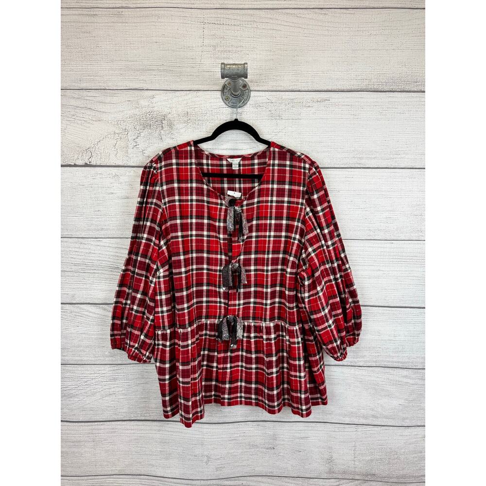 Cato Plus Size Red Christmas Plaid Sequin Bow Front Blouse Size 26/28W